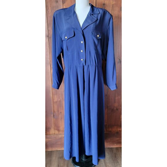 Vintage Liz Claiborne Blue Midi Dress Women 12 80s Power Style Shoulder Pads 90s - Picture 1 of 14